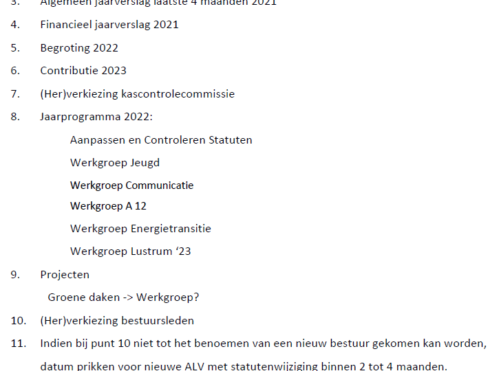 Agenda Algemene ledenvergadering Bewonersvereniging De Twaalf Hoeven 2022