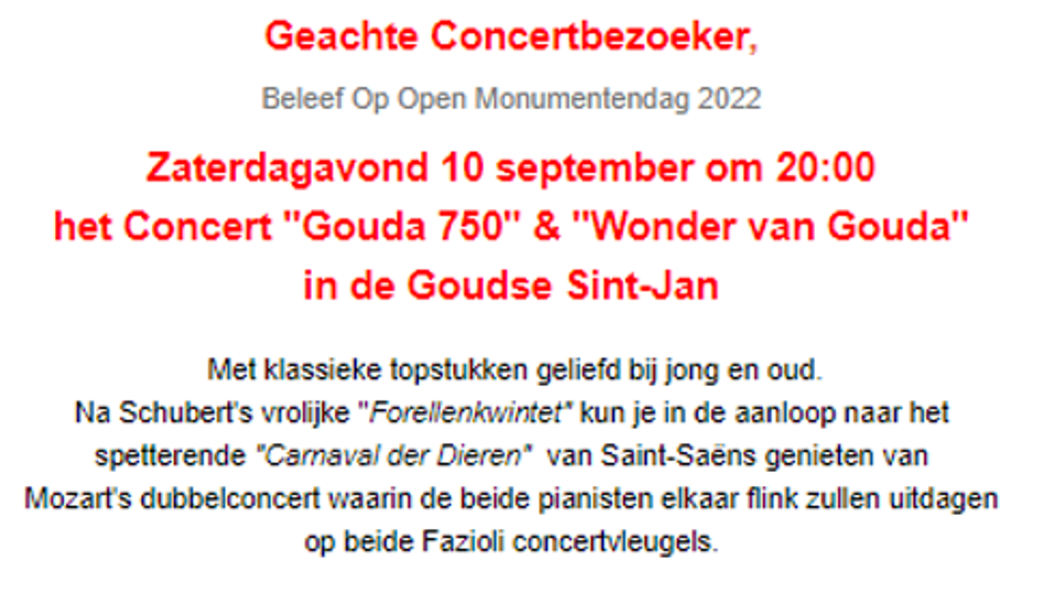 Concert “Gouda750” op 10 september 2022 om 20:00 uur in Goudse Sint-Jan