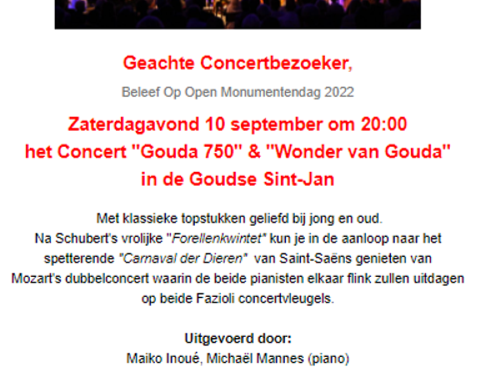 Concert “Gouda750” op 10 september 2022 om 20:00 uur in Goudse Sint-Jan
